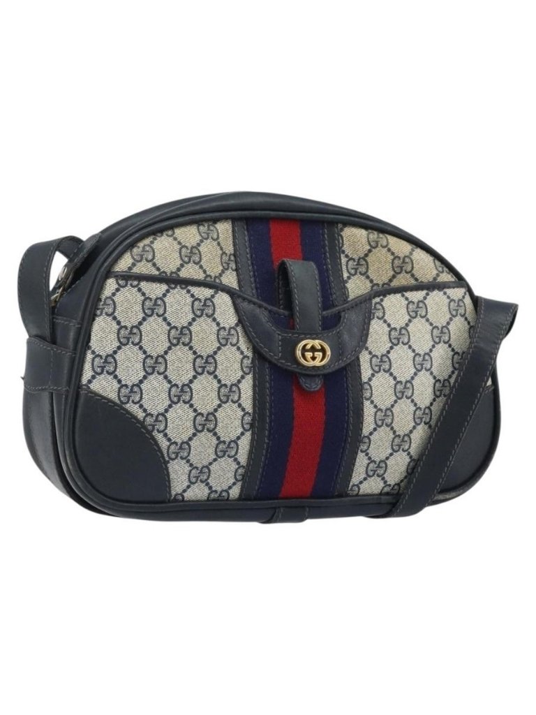 Authentic Gucci Gg Supreme Sherry Line Shoulder Bag Pvc Navy Gold